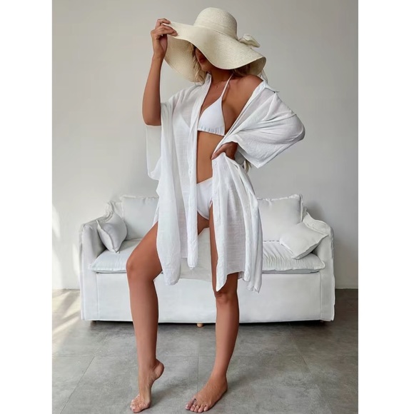 Flowing White Button Down Kimono Beach Coverup - Picture 4 of 15